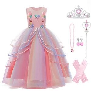 🦄🐰Unicorn Bunny Princess Dress Pink Rainbow Tulle Girls Formal Party Dress 6-7yo